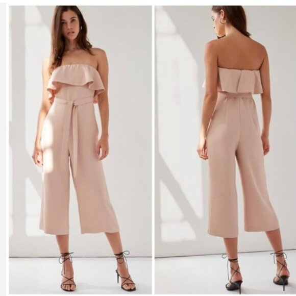 ARITZIA BABATON SOFT PINK STRAPLESS NEW FLUTTER WIDE CROPPED LEG BELTED JUMPSUIT - Picture 1 of 12